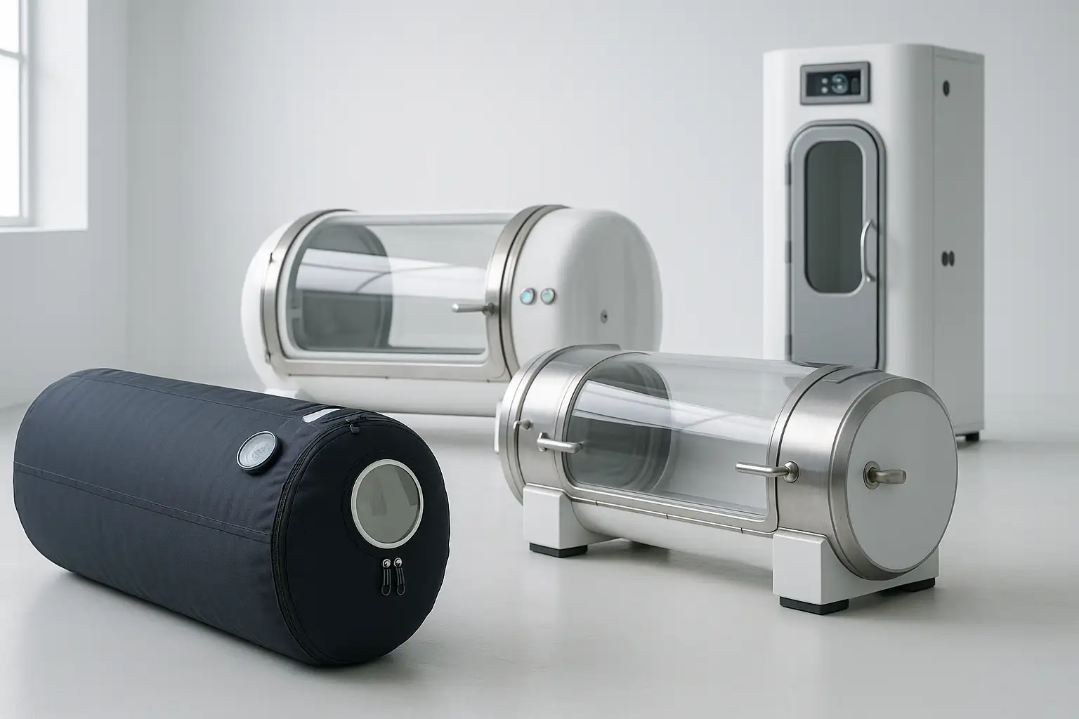 Alt text: Three types of hyperbaric chambers: portable soft-shell, mid-sized hard-shell, and compact vertical displayed in a modern, minimalist showroom, showing realistic textures, control panels, and daylight reflections.