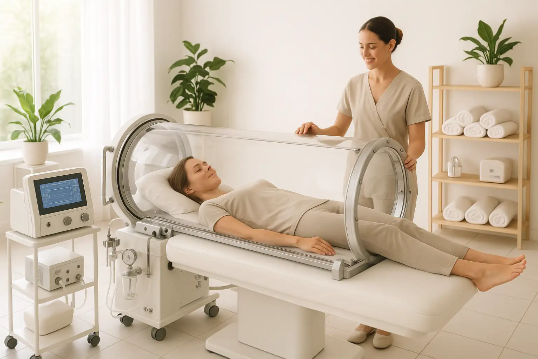 Alt text: A supportive technician assists a relaxed client inside a transparent hyperbaric oxygen chamber in a bright, serene wellness center room with digital controls, medical equipment, and clean white tile floor, illustrating a professional yet calming atmosphere for hyperbaric therapy.